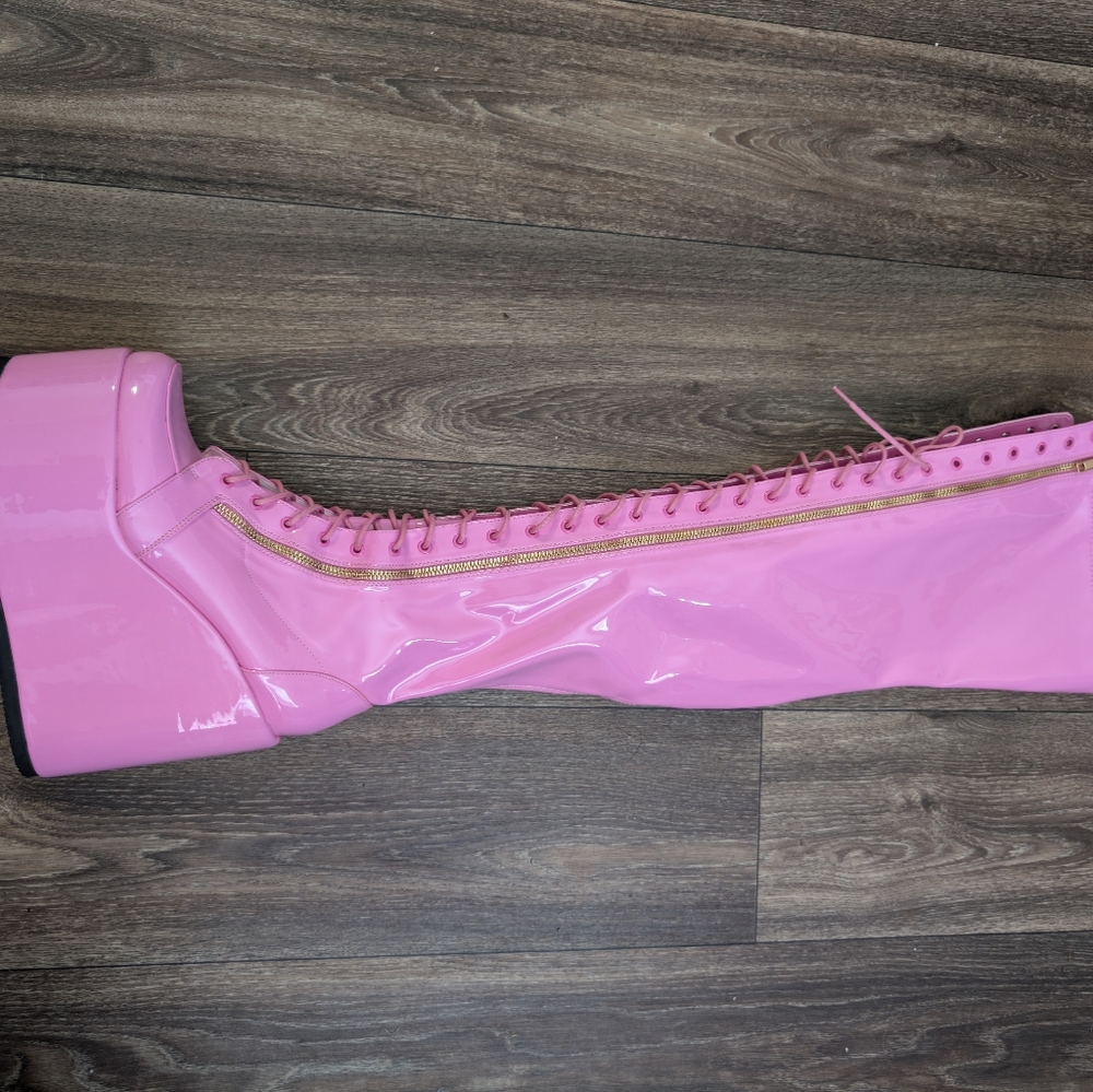 Pink Patent Style Thigh High Platform Boots
